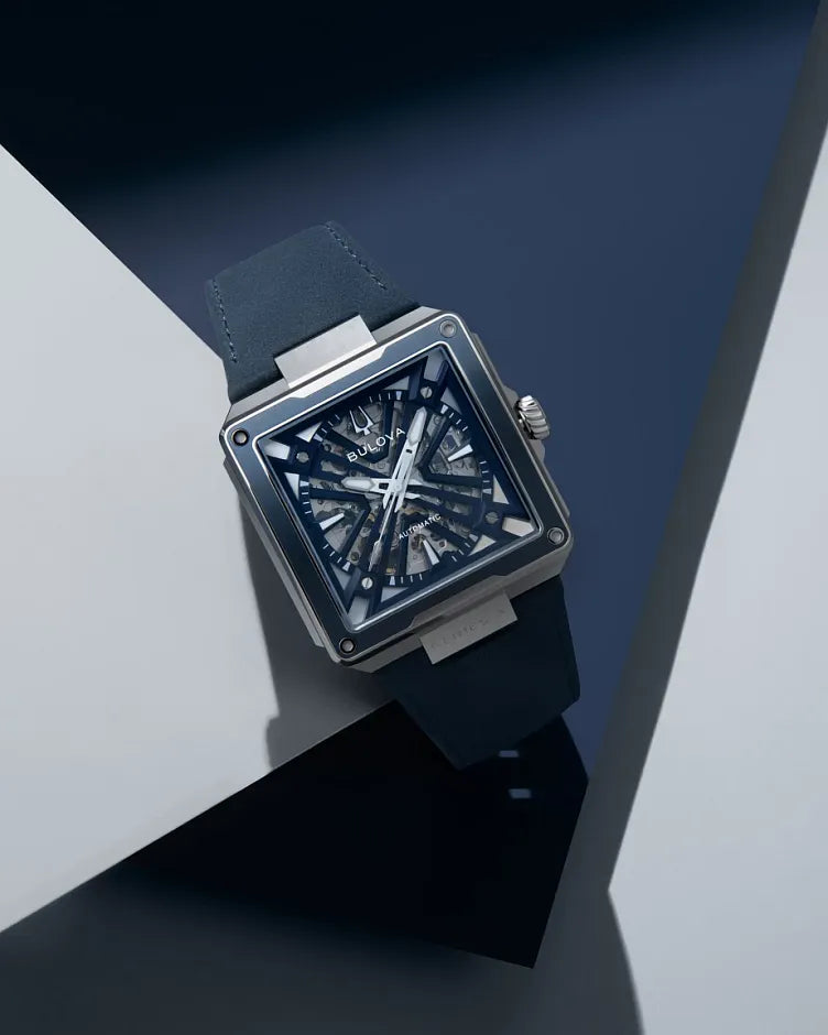 Bulova Series X 98A342 automatic men's watch with slate blue skeleton dial, blue bezel insert and blue suede strap — strap detail