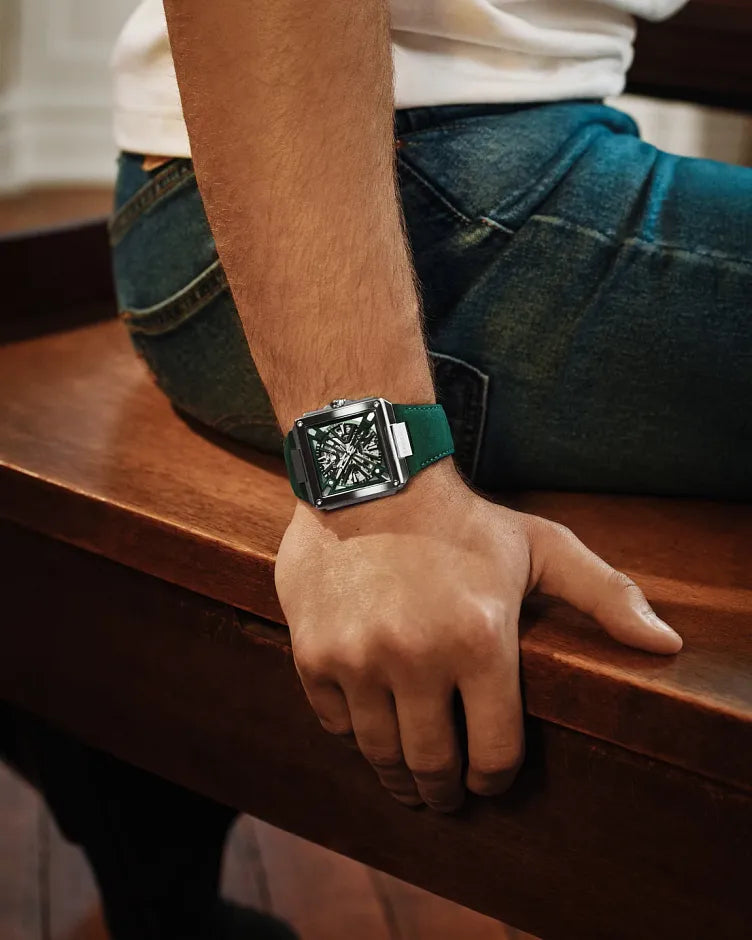 Bulova Series X 98A343 automatic men's watch with hunter green skeleton dial, green bezel insert and green suede strap — caseback view