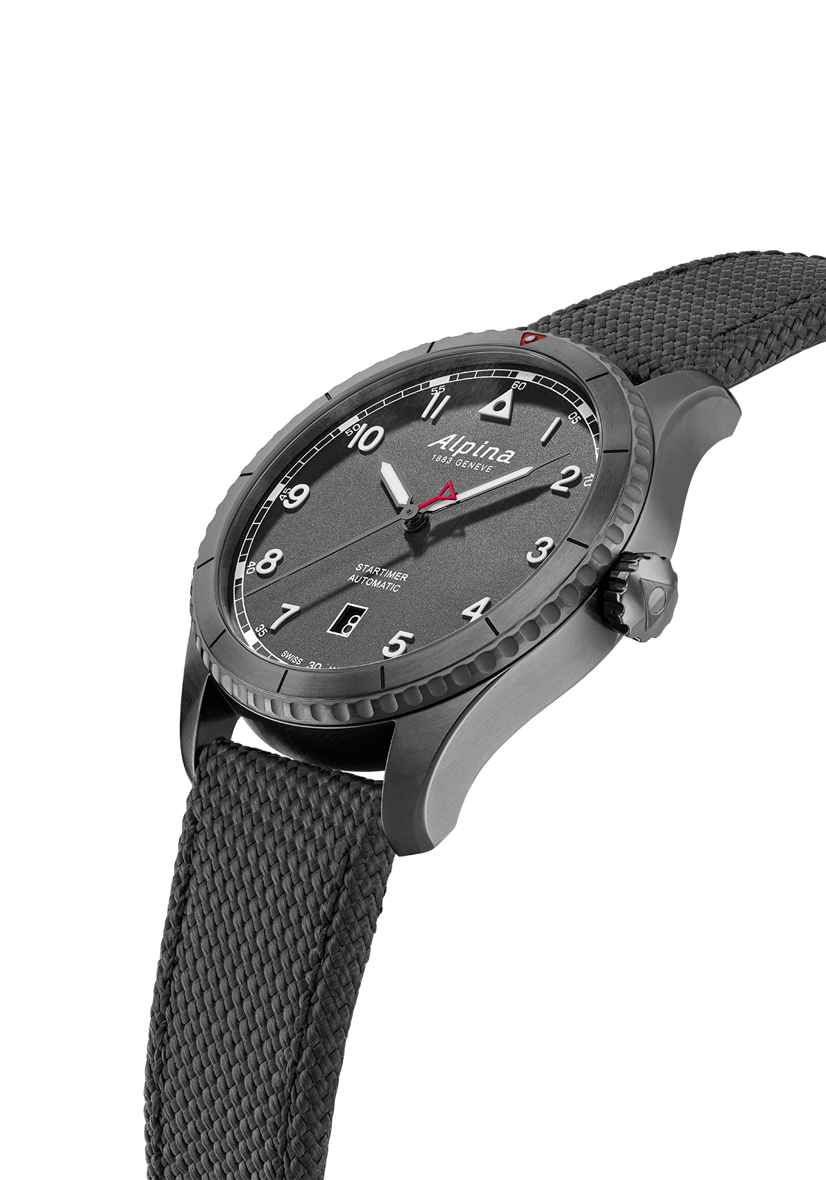 Sleek wristwatch with a dark gray case, black dial, and textured fabric strap.