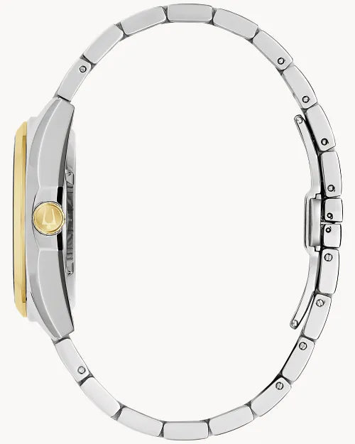 Bulova Surveyor 98A338 automatic men's watch with green open-heart dial and two-tone stainless steel bracelet — angled view
