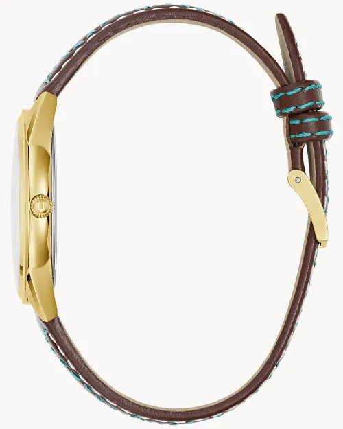 Bulova Sutton 97L203 women's watch with turquoise mother-of-pearl dial and tobacco brown leather strap — angled view