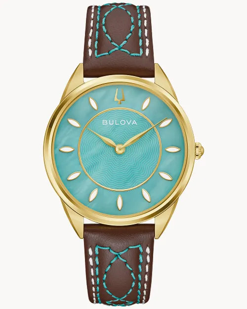 Bulova Sutton 97L203 women's watch with turquoise mother-of-pearl dial and tobacco brown leather strap — front view