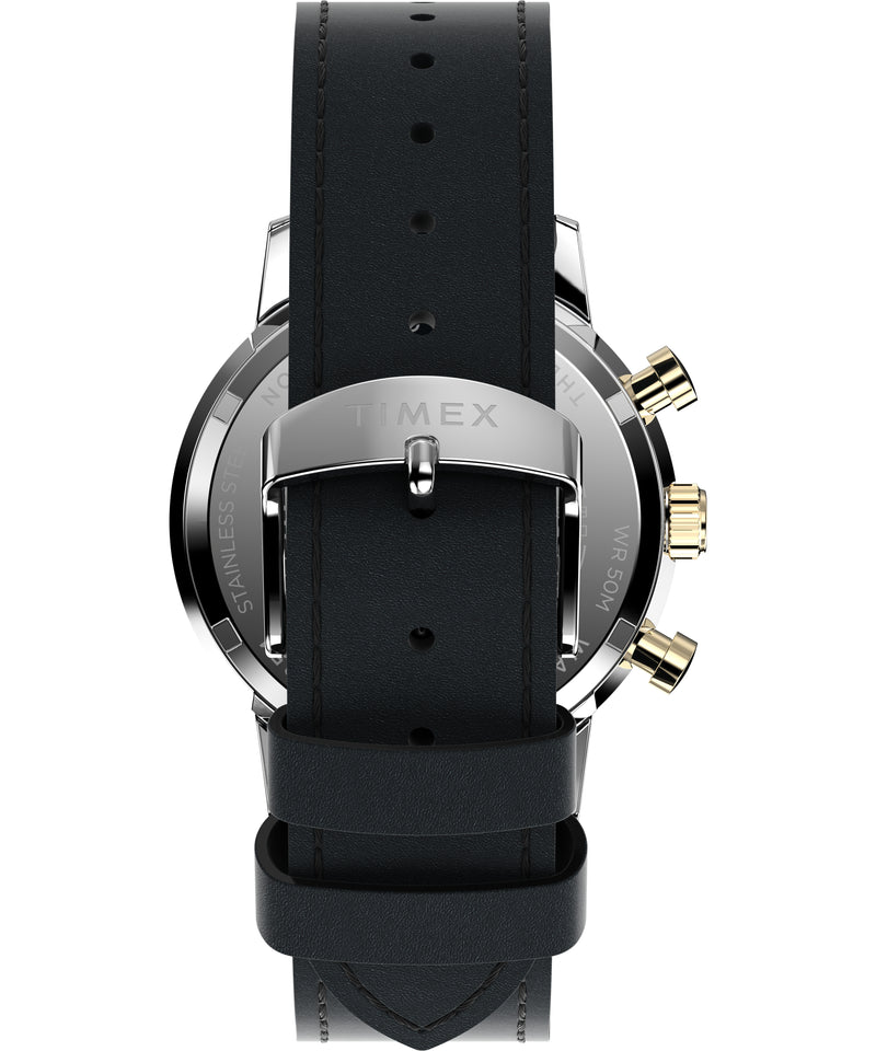 Wristwatch with a black leather strap and silver-toned case.