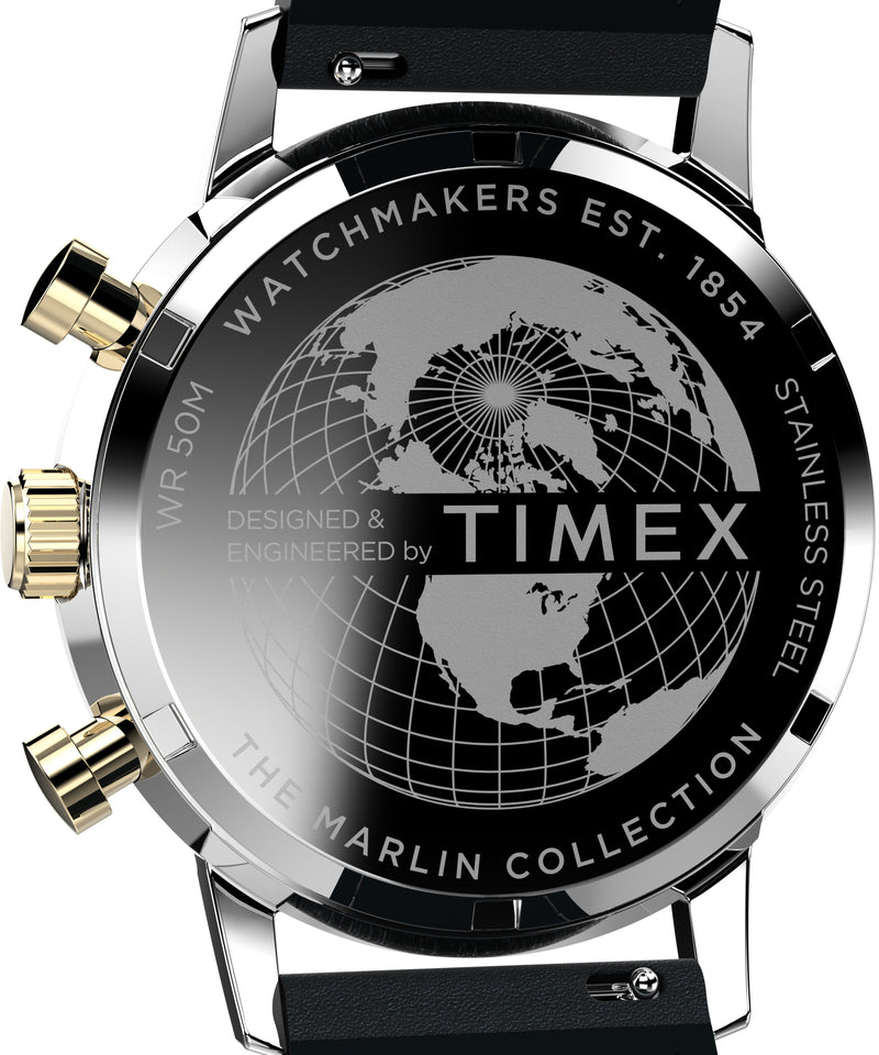 Back of a Timex watch featuring a world map design and text engraving.
