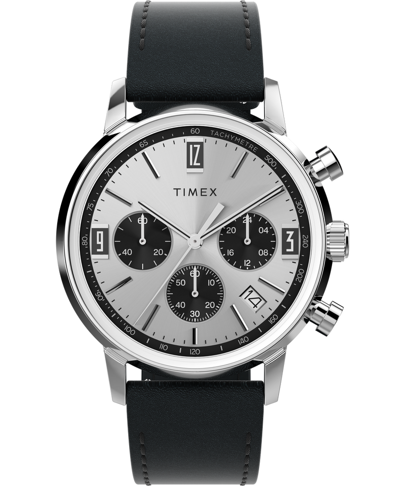 Timex chronograph wristwatch with a silver dial and black leather strap.