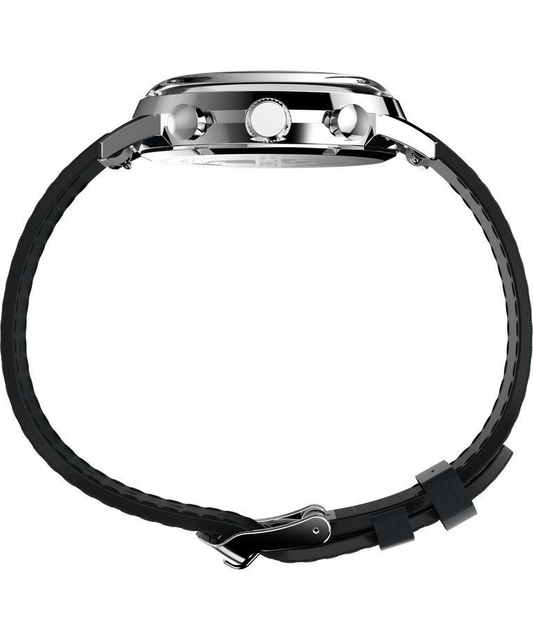 Wristwatch with a black leather strap and silver-toned metal case.