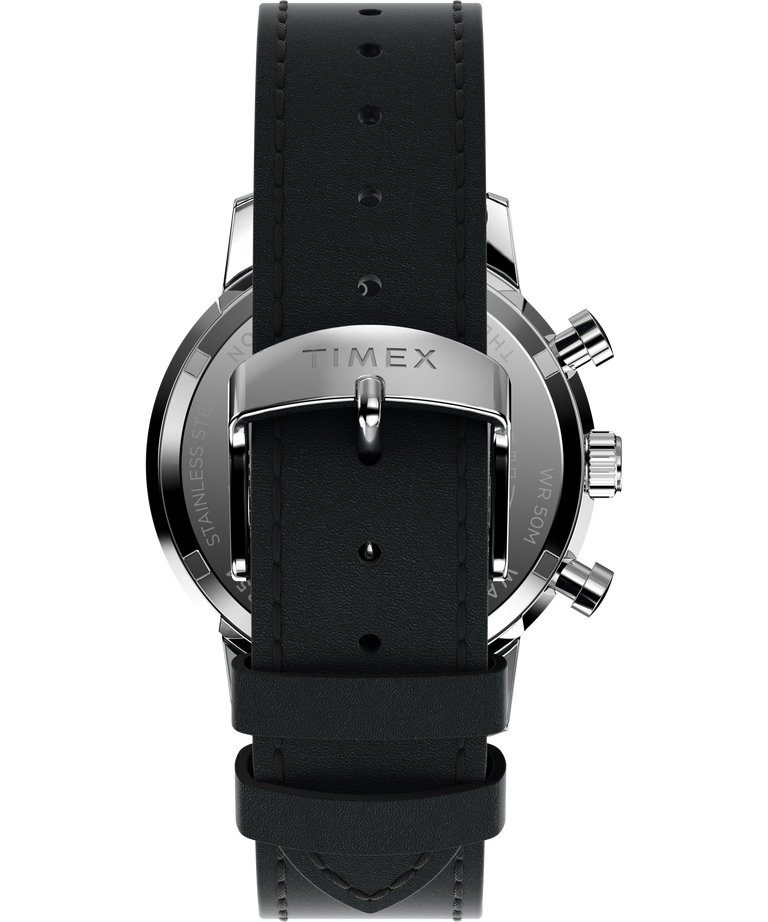 Wristwatch with a black leather strap and silver-toned metal case.