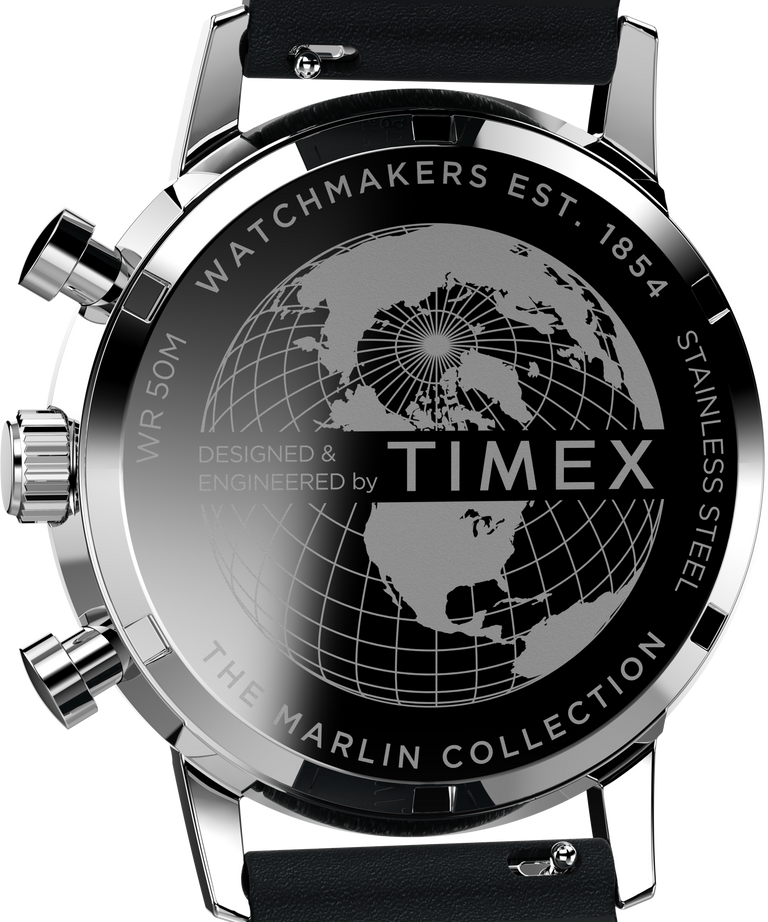 Back of a Timex watch featuring a world map design and the Marlin Collection branding.