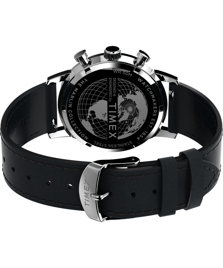 Stylish chronograph wristwatch with a black leather strap and world map design on the dial.