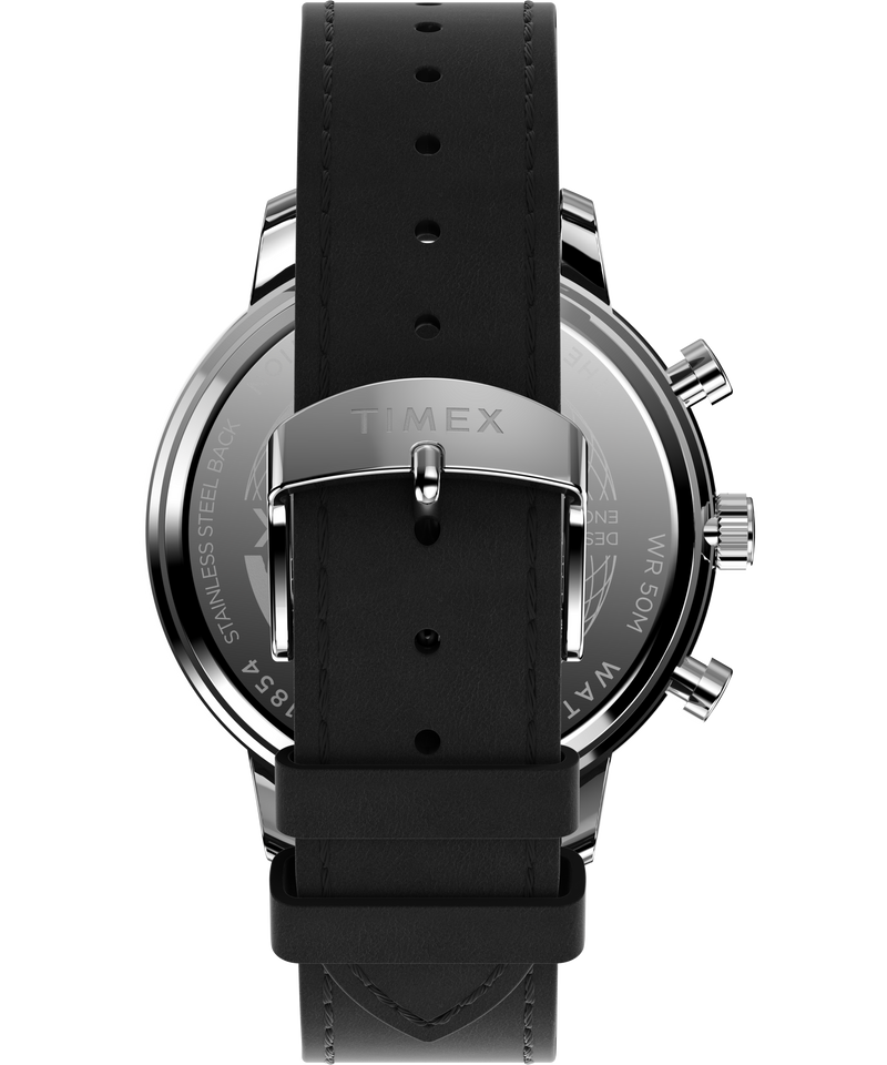 Wristwatch with a black leather strap and silver-toned metal case.