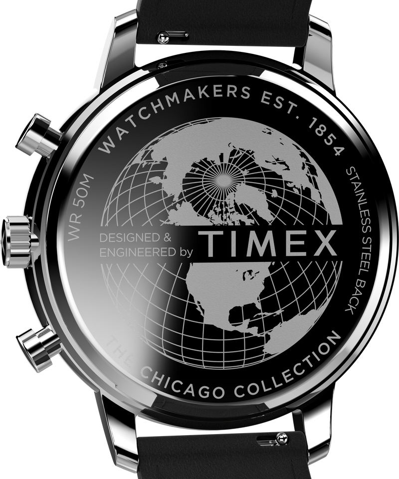 Back of a Timex watch featuring a world map design and ’Chicago Collection’ engraving.