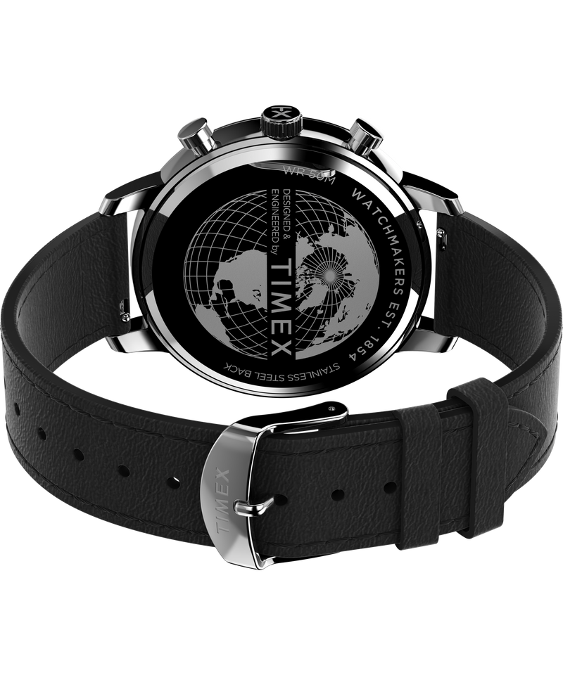 Wristwatch with a black leather strap and a globe design on its back.