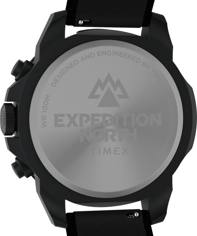 Back of a wristwatch featuring the ’Expedition’ brand and Timex logo.