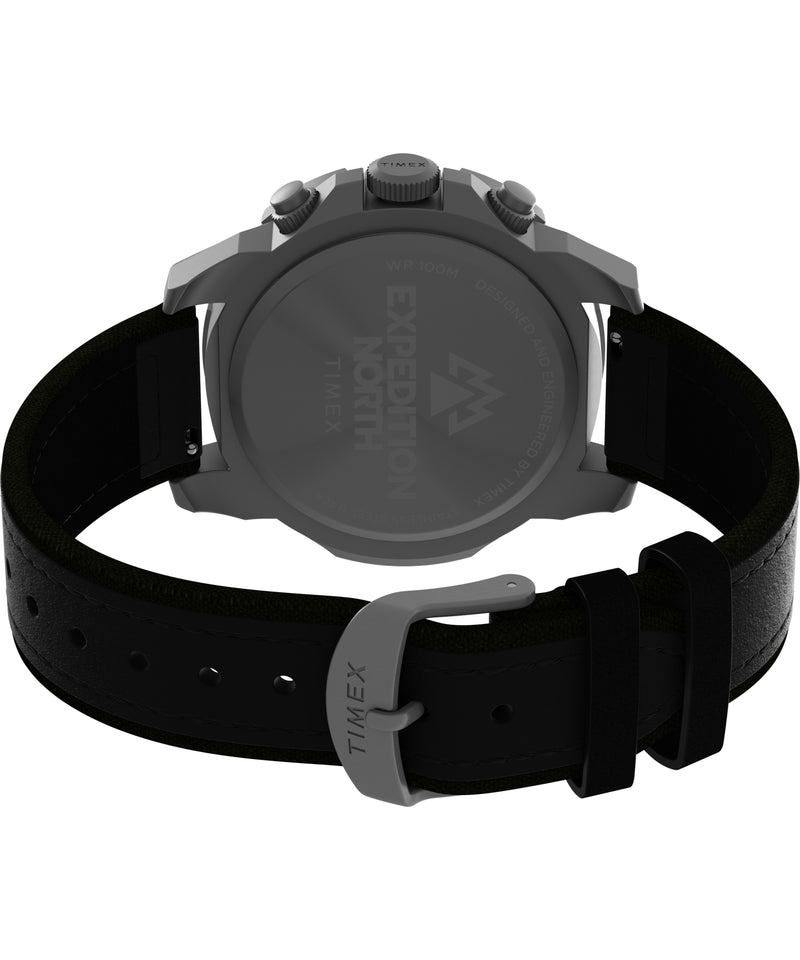 Black wristwatch with a round face and chronograph buttons.