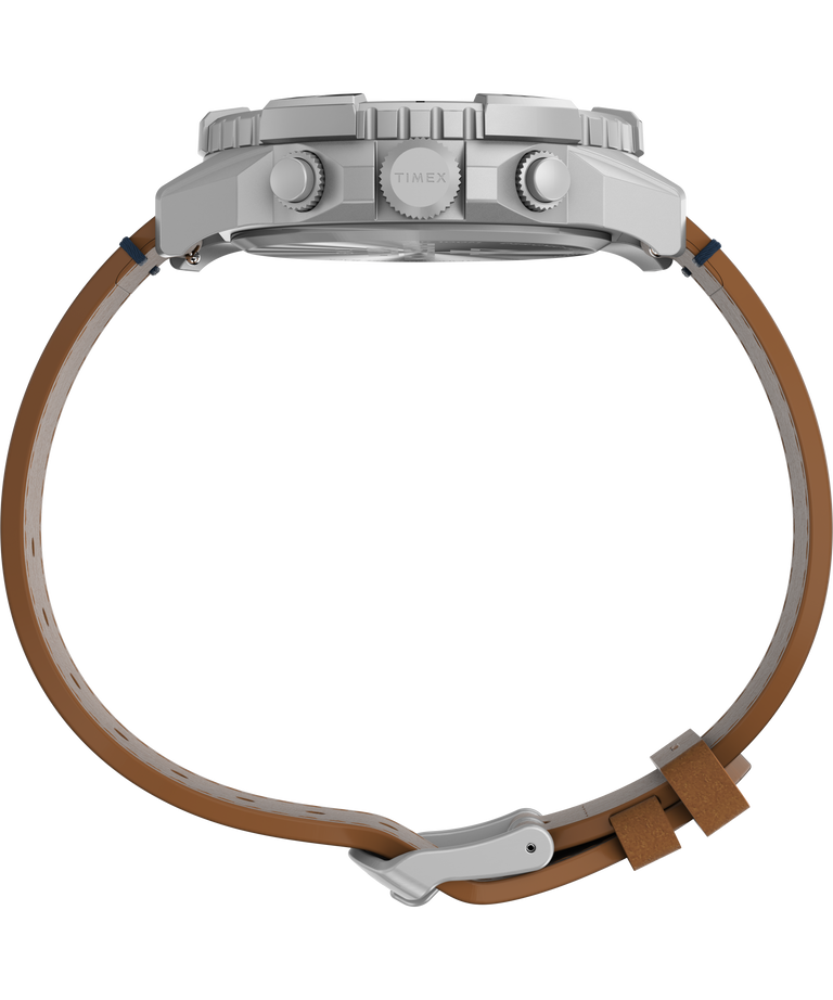 Wristwatch with a silver case and brown leather strap.