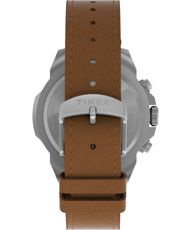 Wristwatch with a brown leather strap and silver-toned metal case.