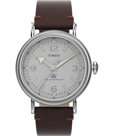 Timex Waterbury 40 毫米皮革银色表盘手表 TW2W20300