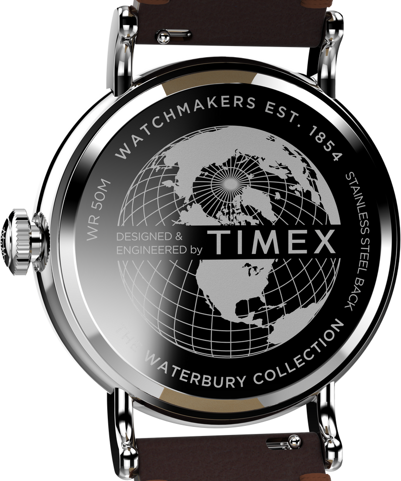 Timex Waterbury 40 毫米皮革银色表盘手表 TW2W20300