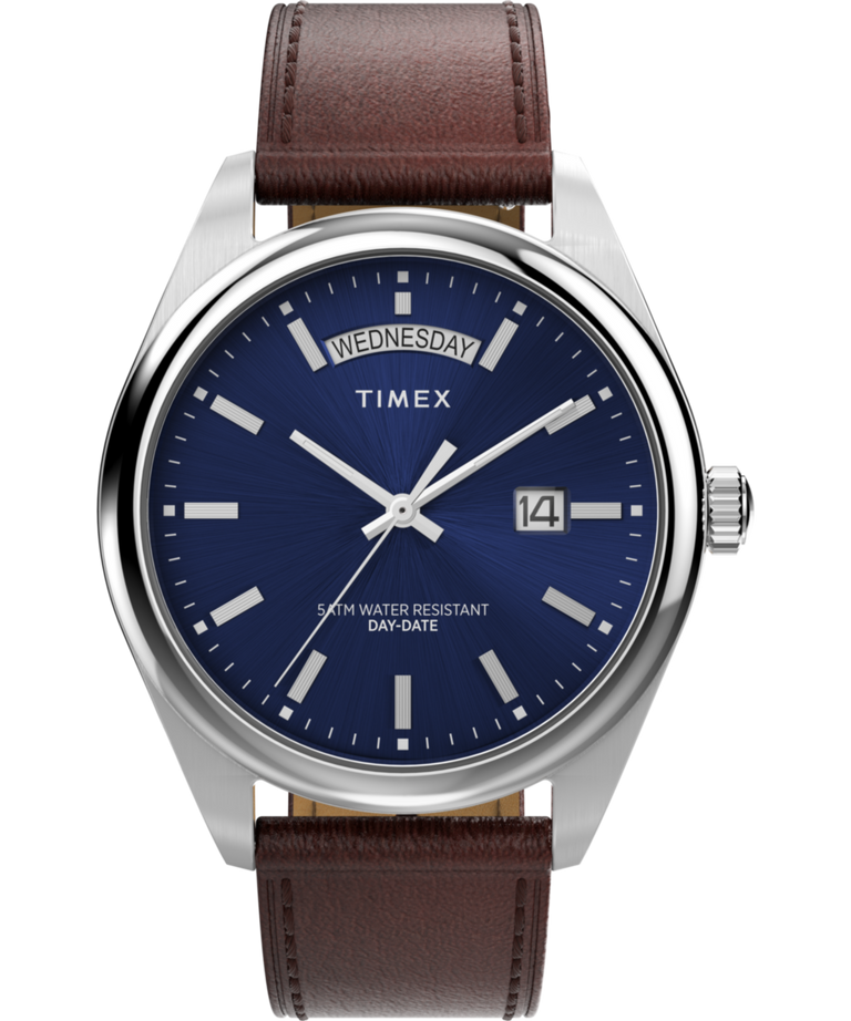 Timex Legacy Quartz Blue Dial Day-Date Leather Band Watch TW2W57200 with brown strap and silver case.