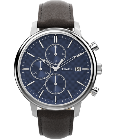 Timex Chicago Chrono 45 毫米银色调蓝色表盘棕色皮革表带 TW2W76200