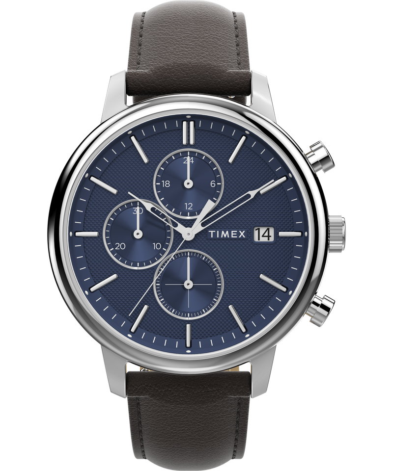 Timex Chicago Chrono 45 毫米银色调蓝色表盘棕色皮革表带 TW2W76200