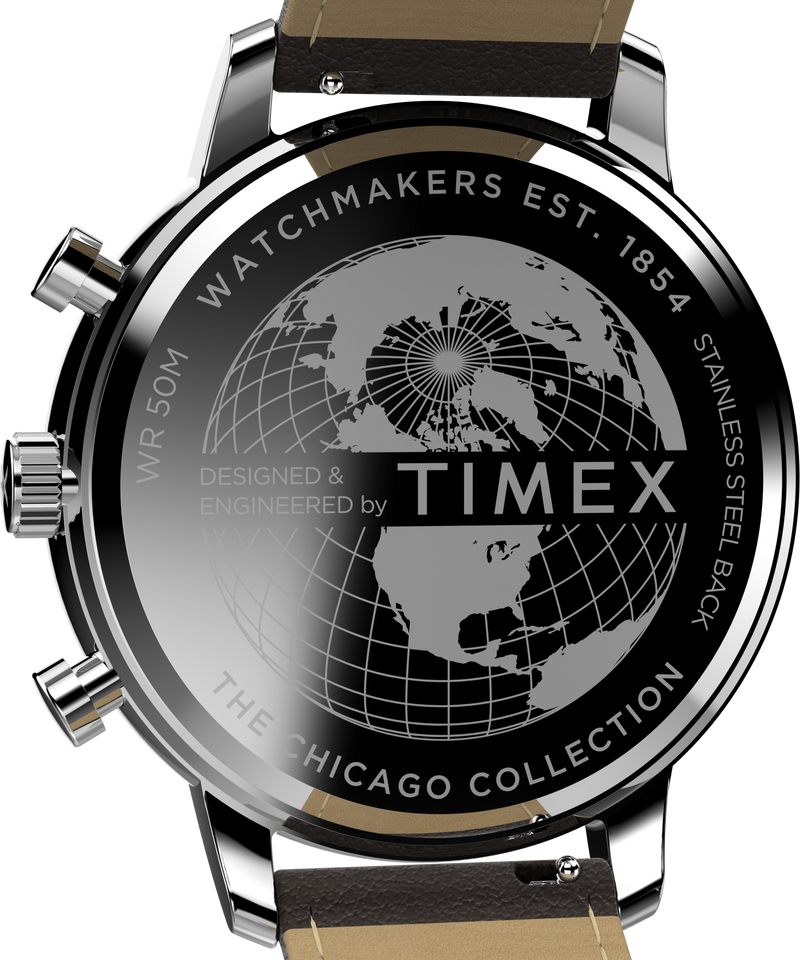 Timex Chicago Chrono 45 毫米银色调蓝色表盘棕色皮革表带 TW2W76200