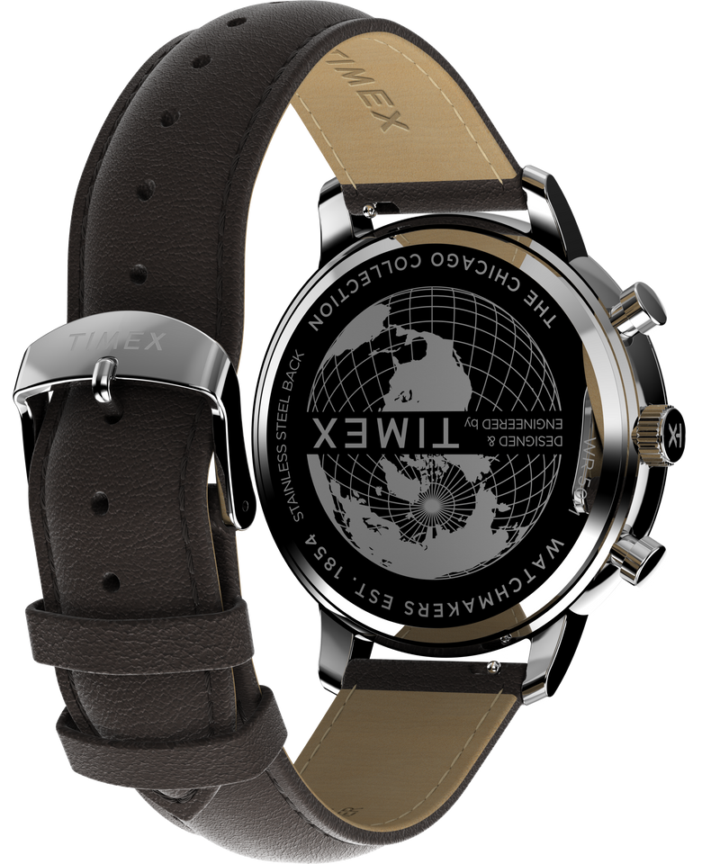 Timex Chicago Chrono 45 毫米银色调蓝色表盘棕色皮革表带 TW2W76200
