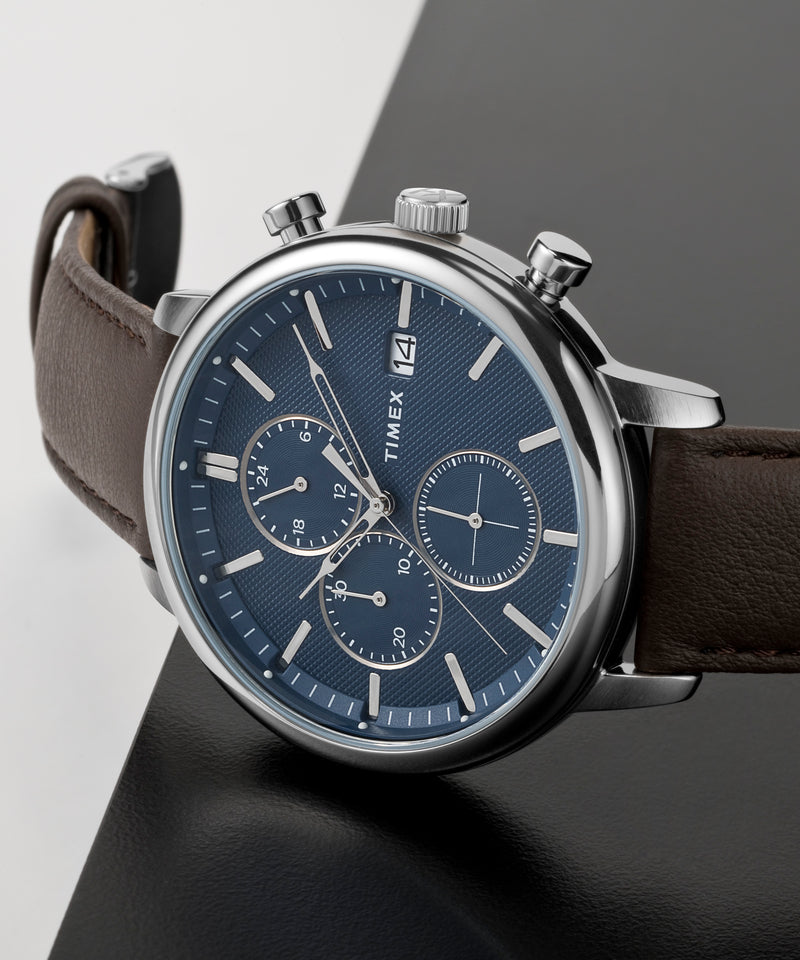Timex Chicago Chrono 45 毫米银色调蓝色表盘棕色皮革表带 TW2W76200