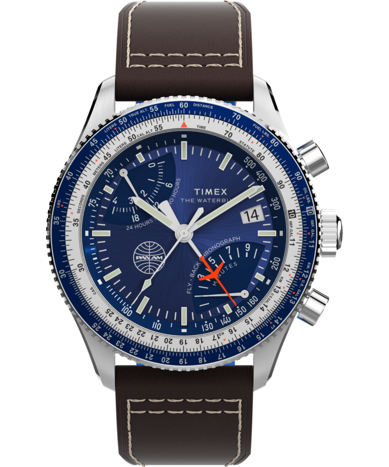 Timex Waterbury Fly Back Chronograph x Pan Am® Brown Leather Watch TW2W97200