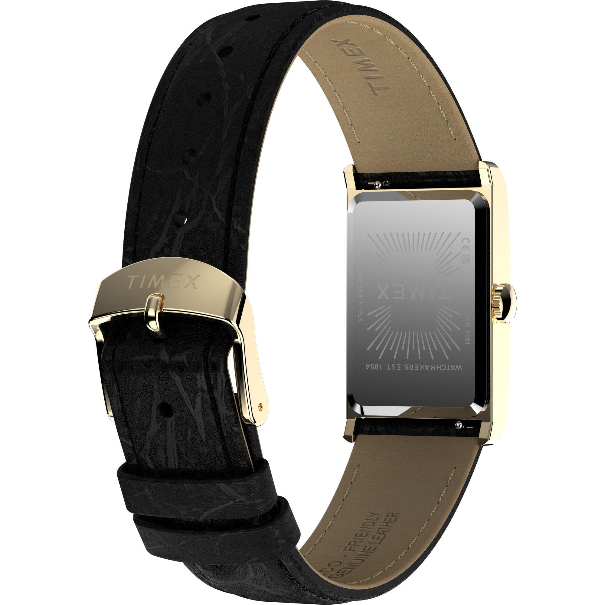 Timex Dress 1976 Reissue Gold Rectangle Black Leather Band Watch TW2Y56200