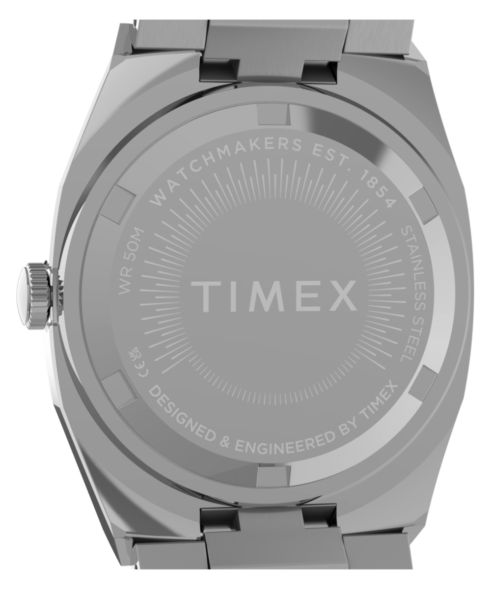 Close-up of the Timex E Line TW6A01000 pink dial with full applied silver-tone markers