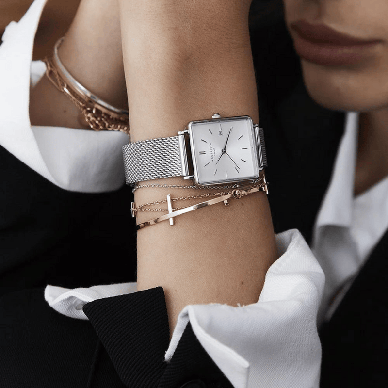 Rosefield The Boxy White Dial Silver Mesh Watch QWSS-Q02