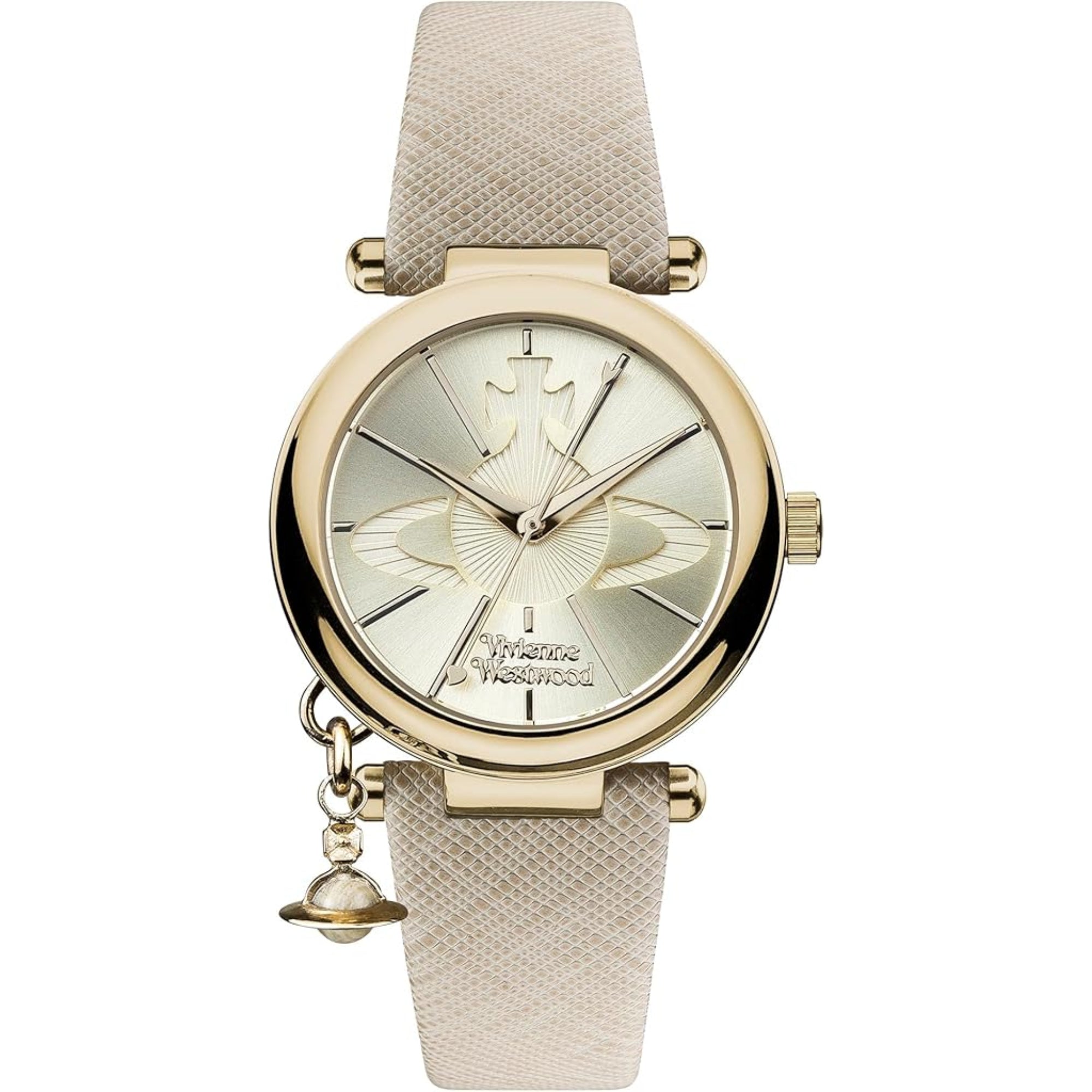 Vivienne Westwood Orb Pop women's watch with a silver dial and cream leather strap.