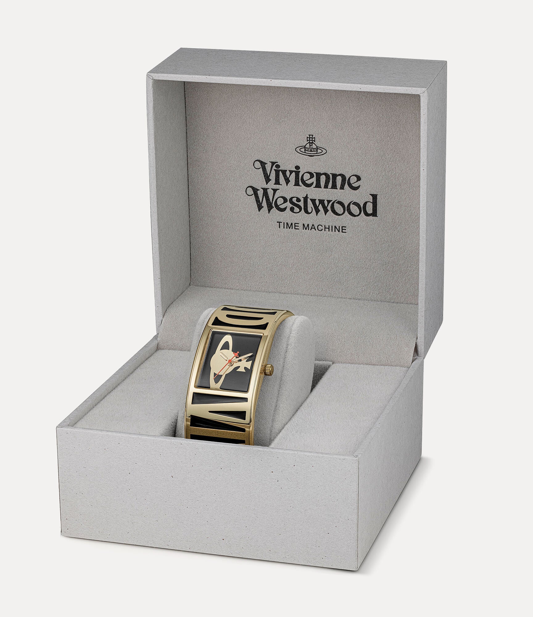 Vivienne Westwood Belvoir women's watch with a black dial and gold bangle. Clasp and case back detail.