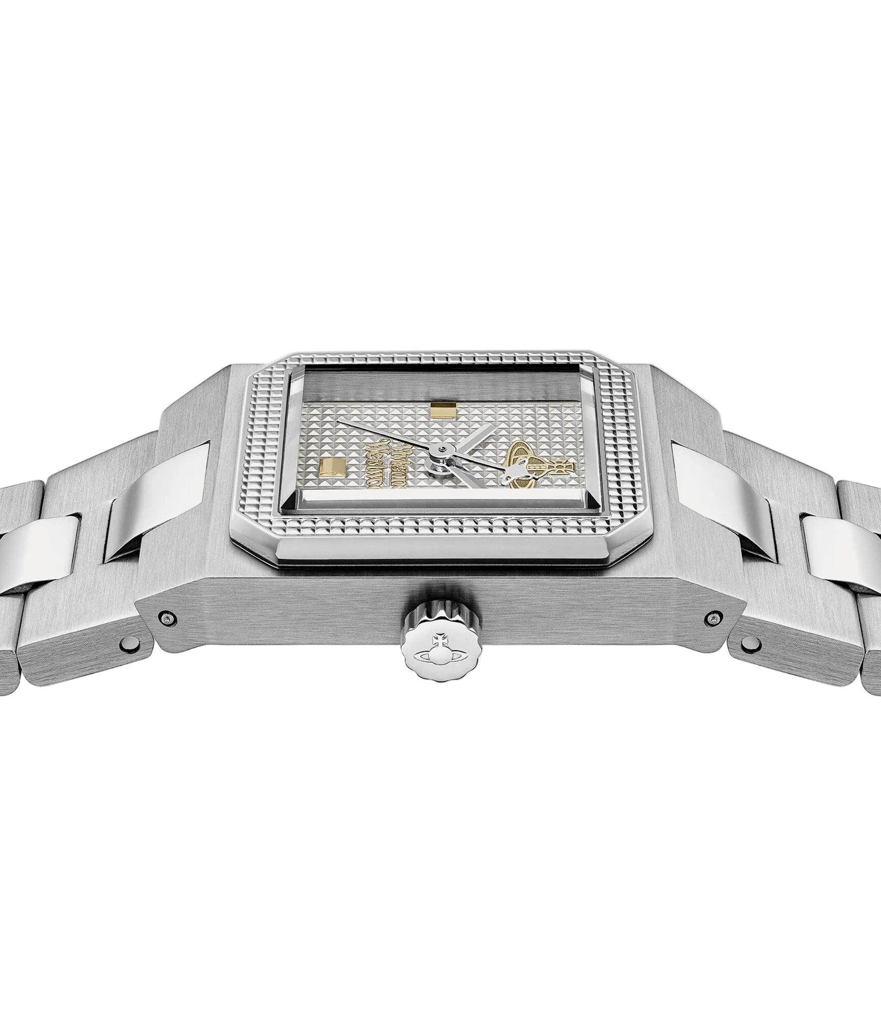 Vivienne Westwood The Brunswick women's watch with a grey dial and silver stainless steel bracelet. Clasp and case back detail.