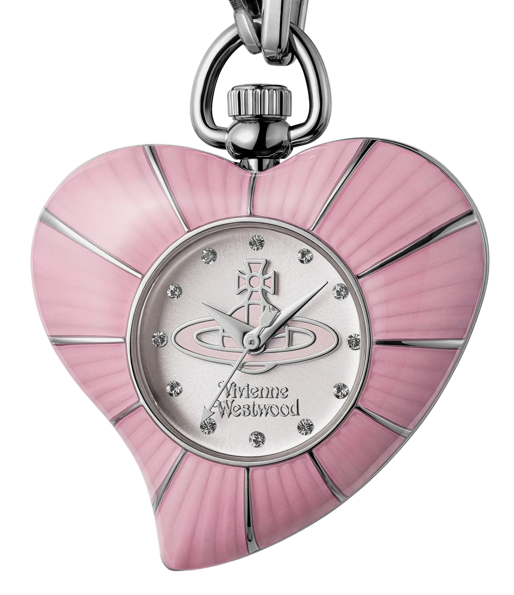Vivienne Westwood Heart Pendant women's watch with a silver dial and silver pendant chain. Side profile view.