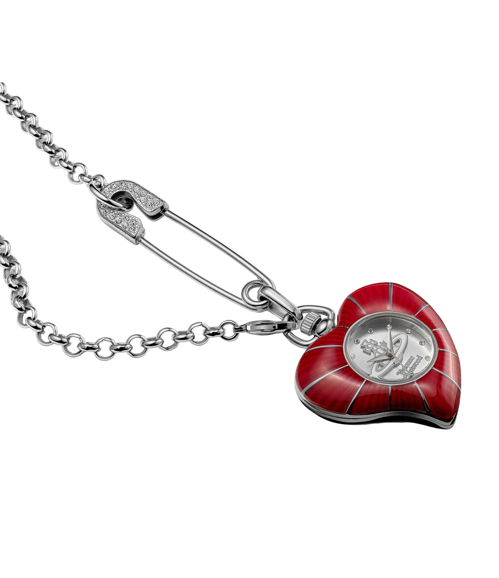 Vivienne Westwood Heart Pendant women's watch with a silver dial and silver pendant chain. Clasp and case back detail.