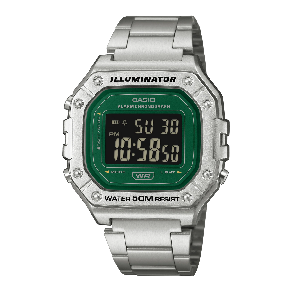 Casio Digital Silver Case and Stainless Steel Band Green Dial Watch W218HD-3A