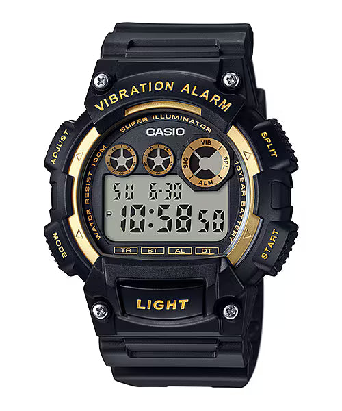 Casio Super Illuminator Black Resin Band Gold Accents Watch W735H-1A2