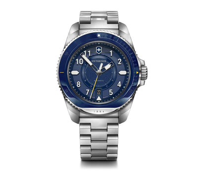 Silver wristwatch with a blue dial and bezel.