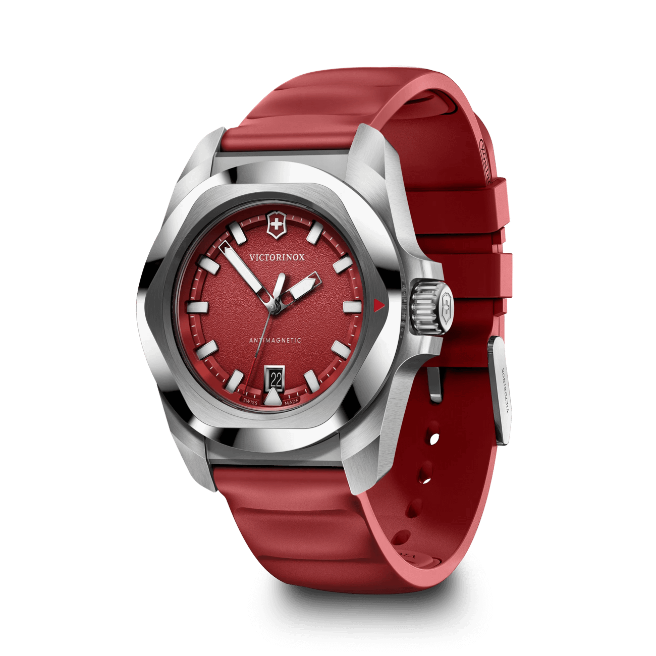 Victorinox Antimagnetic I.N.O.X. Quartz 242029 with red grainy dial, stainless-steel case and red strap