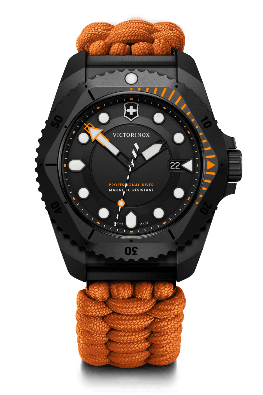 Victorinox Dive Pro Quartz Orange Paracord Band Black Dial Watch 242069.1