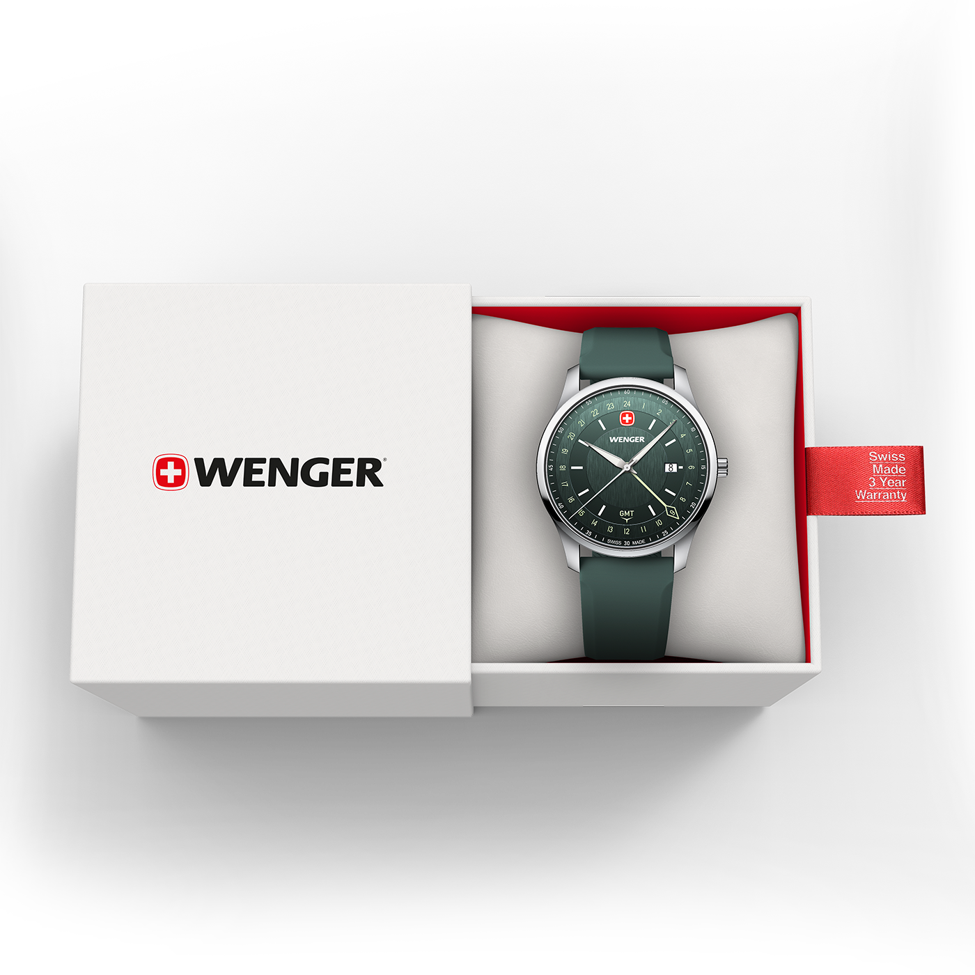 Wenger City GMT 42 01.1442.101 product view of the green silicone strap and stainless steel buckle