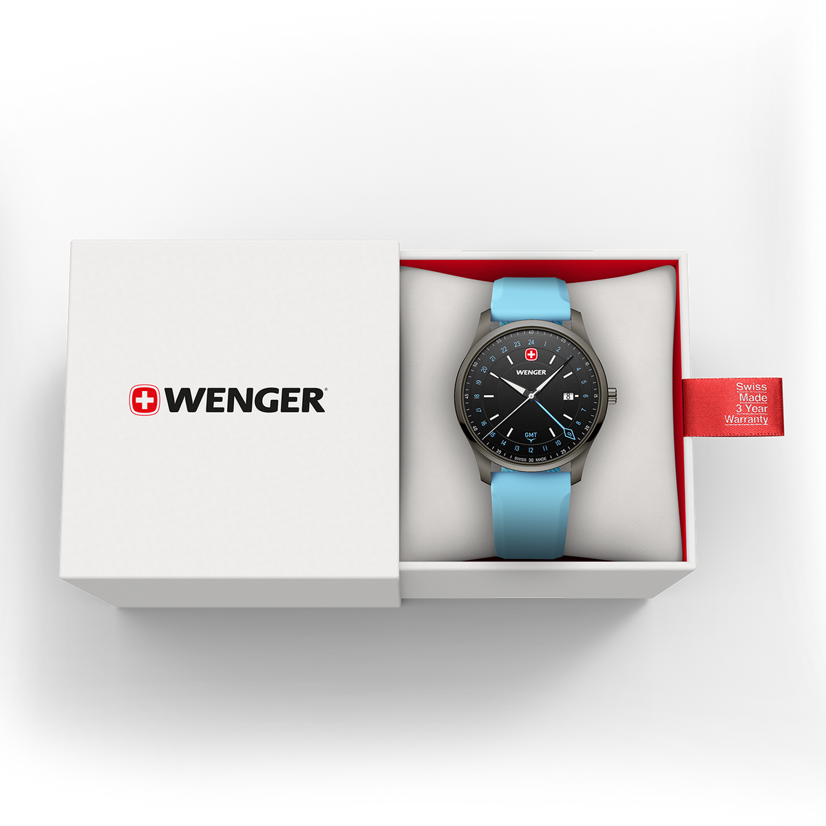 Wenger City GMT 42 01.1442.103 product view of the blue silicone strap and buckle