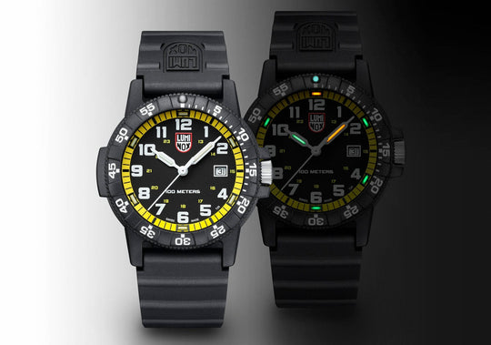 Two rugged sports watches with luminous dials and rotating bezels.