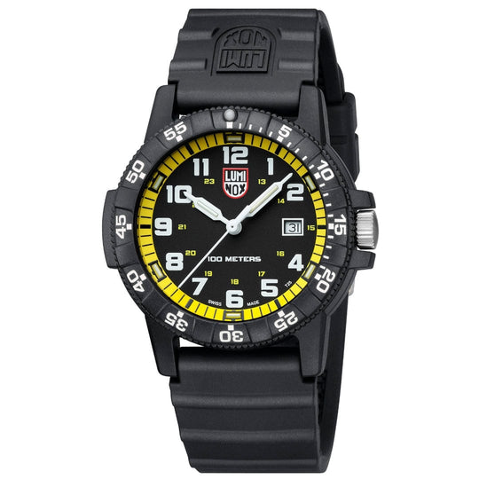 Rugged black sports watch with yellow accents and luminous markings.