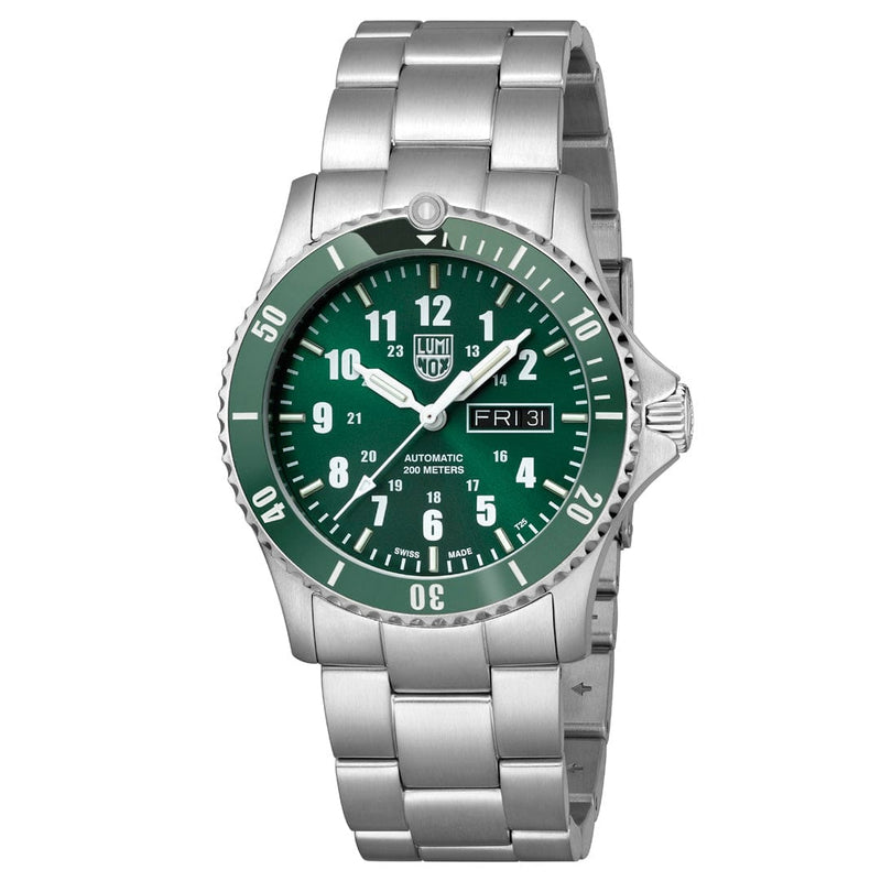 Stainless steel wristwatch with a green dial and rotating bezel.