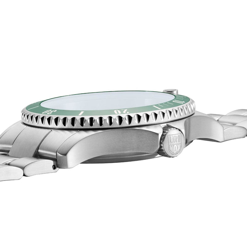 Side view of a luxury wristwatch with a prominent bezel and metal bracelet.