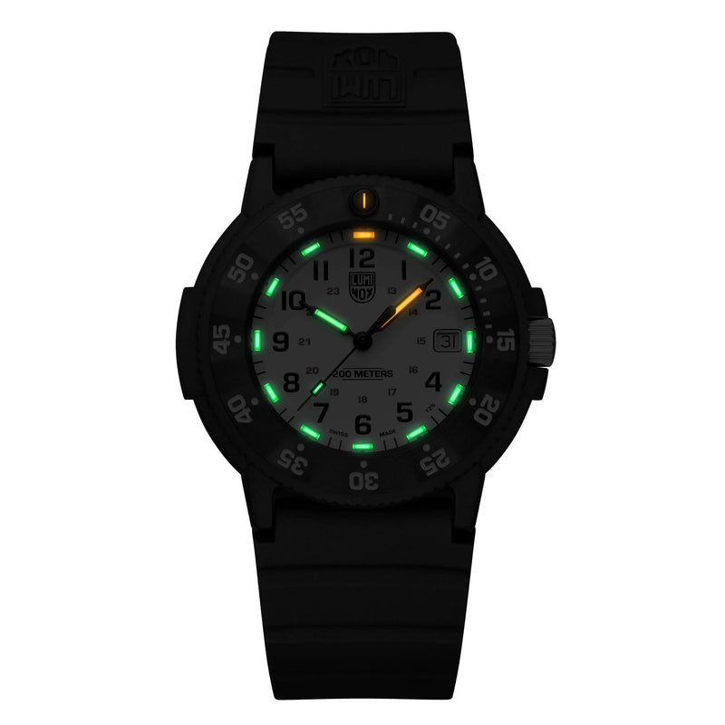 Black wristwatch with luminous green and orange markings on the dial.