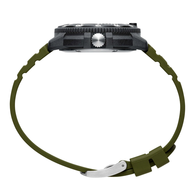 Wristwatch with a black face and olive green strap.